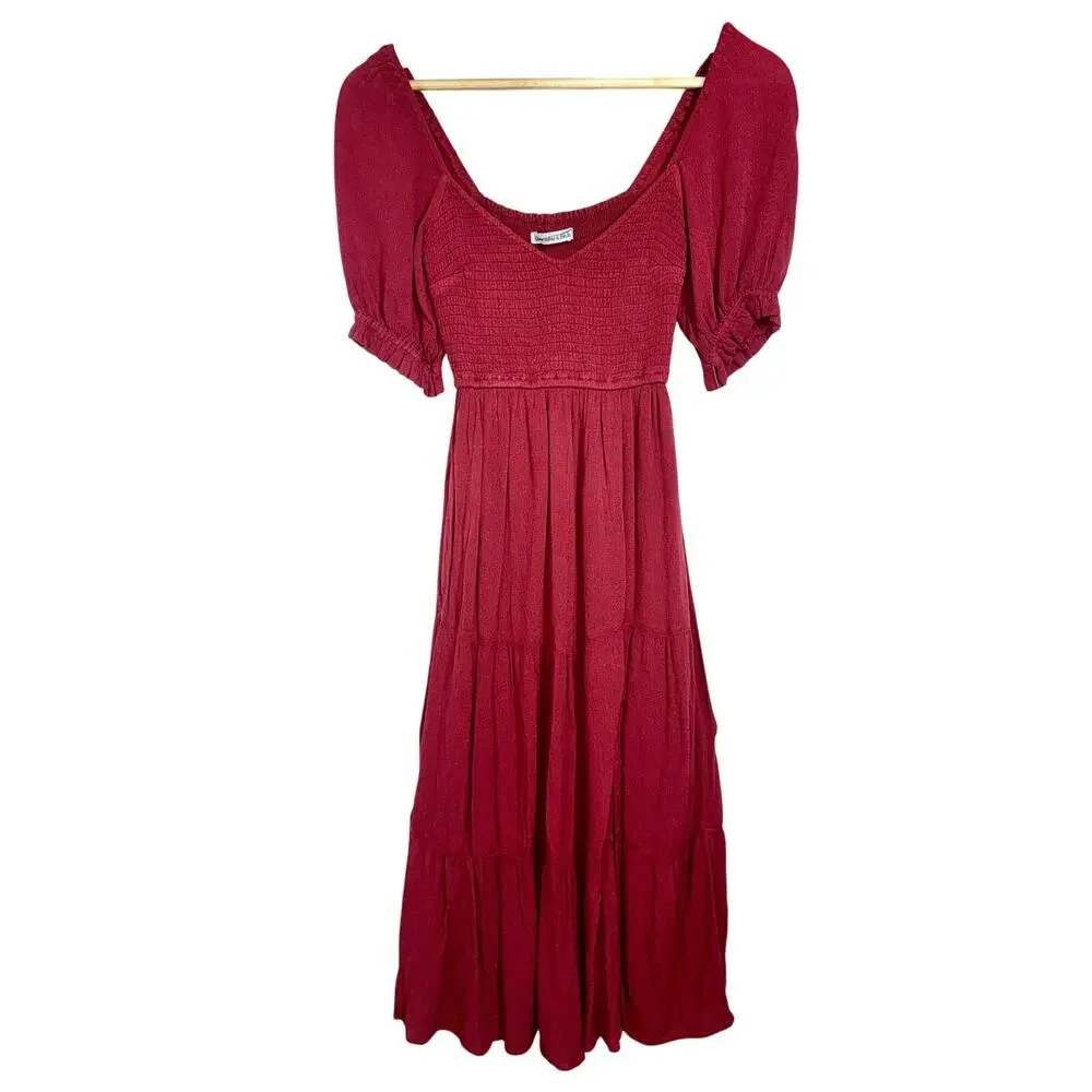 Abercrombie & Fitch Burgundy Red Smocked Puff Sleeve Slit Maxi Dress Size XS